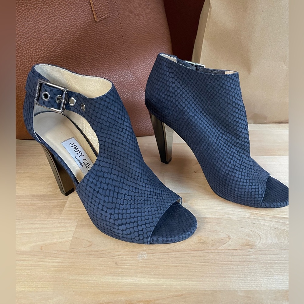 Jimmy Choo Navy Textured Peep Toe Booties